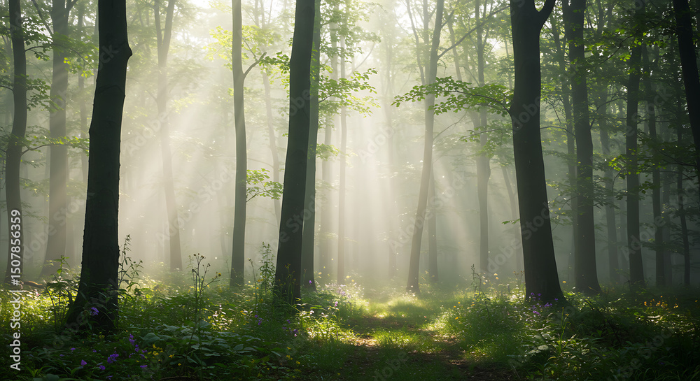 Fototapeta premium Magical Sunbeams Illuminating Misty Forest Path Tranquil Nature Scene