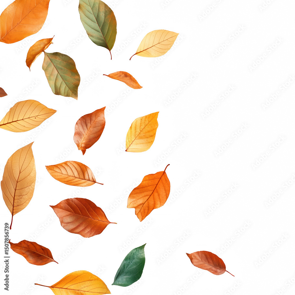 Obraz premium A beautiful scatter of colorful autumn leaves in various shades floating gently.