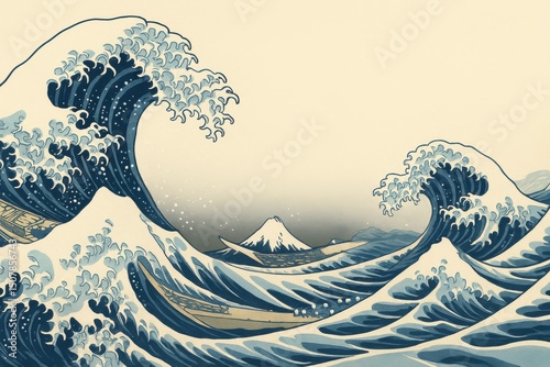 葛飾北斎の富嶽三十六景神奈川沖浪裏をモチーフにした波のイラスト背景