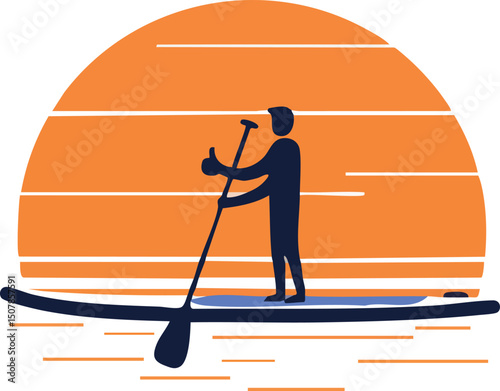 Stand up paddleboarding silhouette with orange sunset background vector illustration 