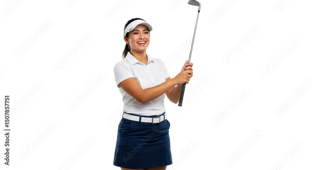 Smiling woman golfer holding golf club portrait photography sports active lifestyle isolated Smiling woman golfer holding golf club portrait photography sports active lifestyle isolated