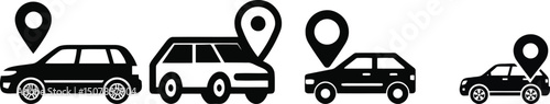 Vector illustration set of a compact car with location pin on a plain white background

