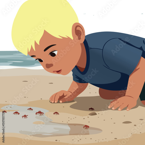 Curious young boy exploring small crabs on sandy beach near ocean shore natural scene 