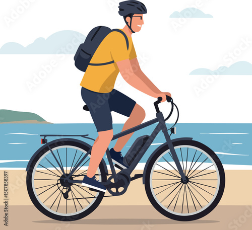 Man Riding Electric Bicycle by Seaside Wearing Yellow Shirt and Helmet Vector Illustration 