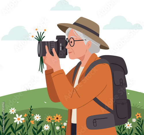 Elderly woman nature photographer capturing flowers with camera in outdoor scenery vector illustration 