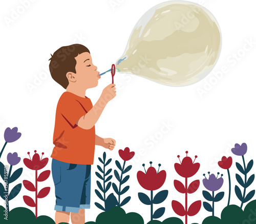 Child blowing large soap bubble among colorful flowers vector illustration 