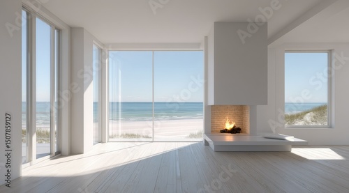 Minimalist beach house living room with floor-to-ceiling windows showcasing an ocean view and a modern fireplace. Sunlight streams through the windows onto light wood floors