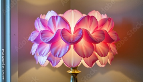 a lampshade constructed from overlapping milk jug plastics, trimmed into petals and layered like a blooming flower, softly diffusing light when lit, suitable for bedroom or artistic corner settings. photo