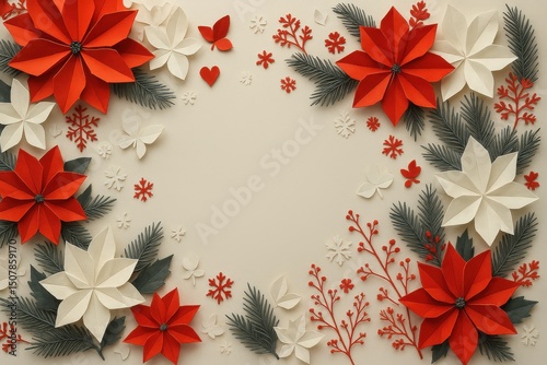 白い背景に赤と白のポインセチアのクリスマスフレーム