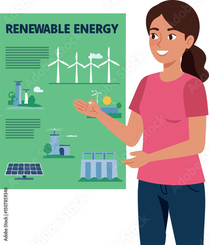 Woman presenting renewable energy infographic with solar, wind, and hydro power vector illustration 