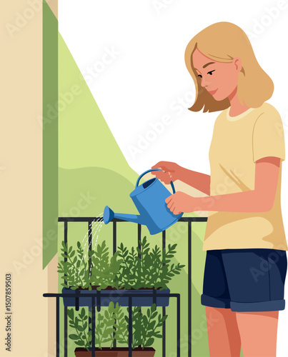 Woman watering plants on balcony in casual outfit summer gardening activity vector illustration 