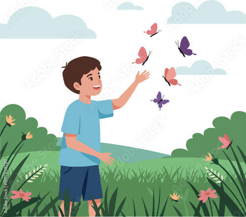 Boy enjoying colorful butterflies in green field with hills and clouds vector illustration 