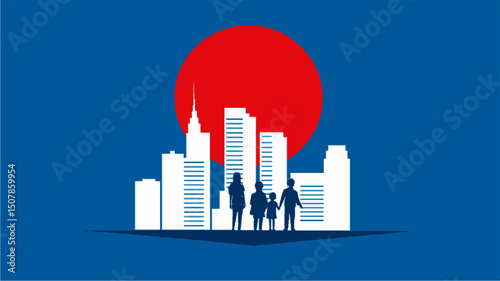 Family Silhouette against Cityscape with Red Sun Background