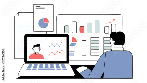 business man laptop and finance at office for typing report and budget planning with charts thinking or review person pc and smile with graphs stats and audit for revenue at accounting agen 21329762 1