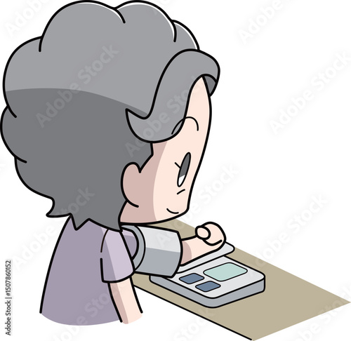 上腕自動式の血圧計で血圧を測る高齢女性のイラスト