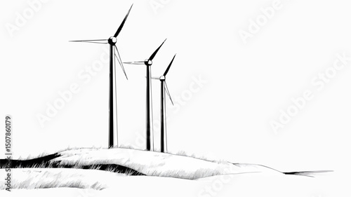 Three Wind Turbines on a Hilltop - Minimalist Line Art Illustration
