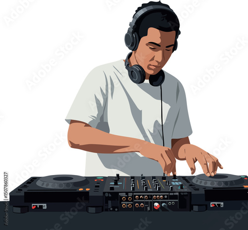 Young man DJ mixing music with headphones and turntables vector illustration 