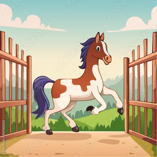 Vector Image:  Cartoonish Brown and White Spotted Horse Free at Last, as he escapes through the gates of his corral 8