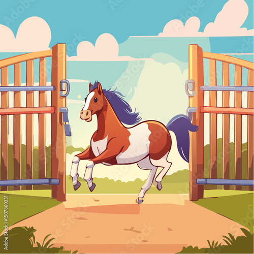 Vector Image:  Cartoonish Brown and White Spotted Horse Free at Last, as he escapes through the gates of his corral 6