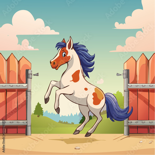 Vector Image:  Cartoonish Brown and White Spotted Horse Free at Last, as he escapes through the gates of his corral 5