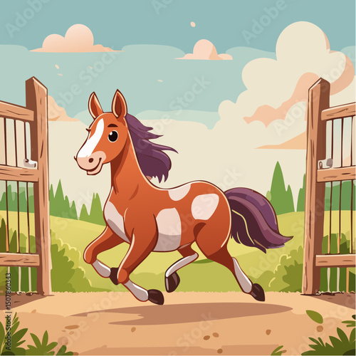 Vector Image:  Cartoonish Brown and White Spotted Horse Free at Last, as he escapes through the gates of his corral 2