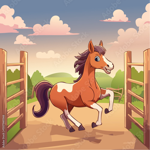Vector Image:  Cartoonish Brown and White Spotted Horse Free at Last, as he escapes through the gates of his corral 4