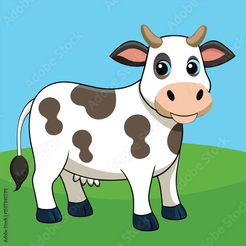 Cute Cartoon Cow with Brown Spots Standing in a Field.