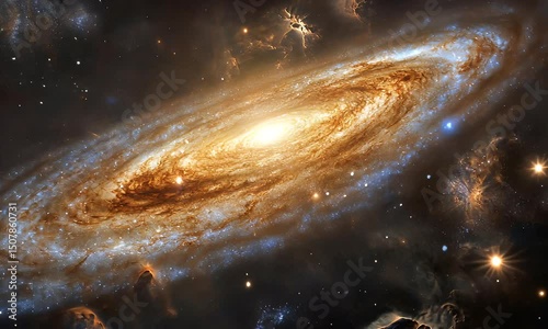 Spiral Galaxy in Deep Space. Golden Hues and Cosmic Dust.