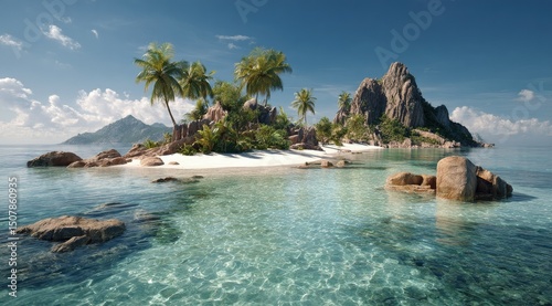 Idyllic tropical island with pristine white sand beach, turquoise water, lush palm trees, and granite rock formations under a vibrant blue sky