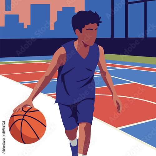 Young basketball player dribbling ball on urban outdoor court with city skyline background 