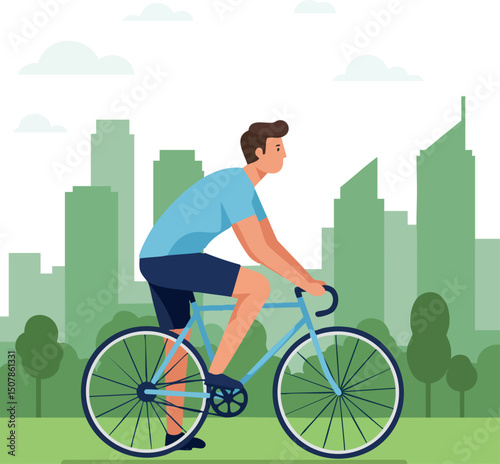 Man Cycling Outdoors in Urban Green Park Landscape with City Skyline Background 