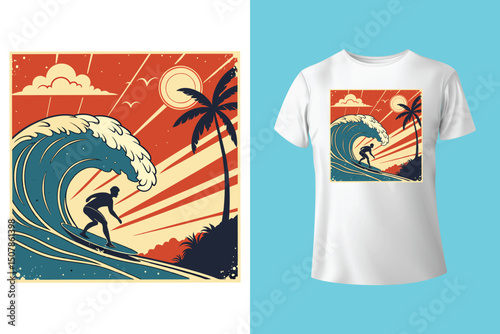 Summer Escape T-Shirt Design – Beach and Palm Tree Vector, Hot Summer Vibes – Stylish T-Shirt Graphic for Sunny Days, Beach Mood T-Shirt Art – Summer Illustration with Sun and Sea, Summer Daydream.