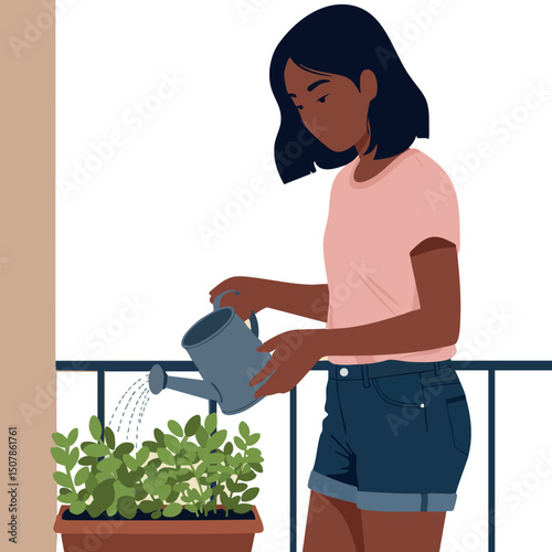 Woman watering green plants on balcony in casual summer outfit vector illustration 