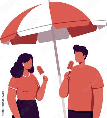 Couple enjoying ice cream under red and white umbrella summer leisure activity vector 