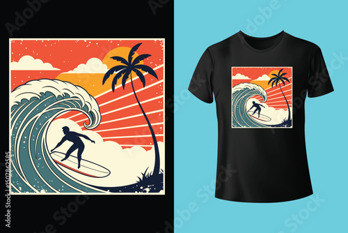 Summer Escape T-Shirt Design – Beach and Palm Tree Vector, Hot Summer Vibes – Stylish T-Shirt Graphic for Sunny Days, Beach Mood T-Shirt Art – Summer Illustration with Sun and Sea, Summer Daydream.