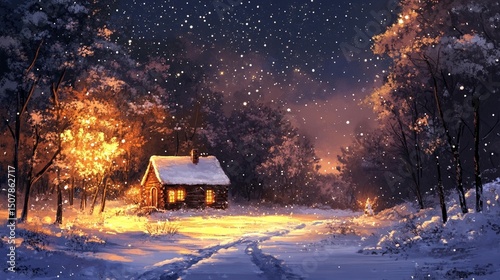 Winter Cabin in Snowfall