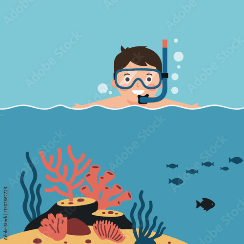 Boy snorkeling underwater with coral reef and fish in blue ocean vector illustration 