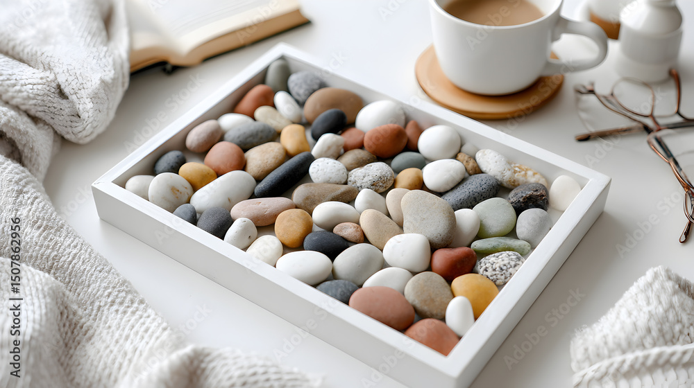 a serene close-up of pebbles and accessories on a table, creating a sense of calm and relaxation a serene close-up of pebbles and accessories on a table, creating a sense of calm and relaxation