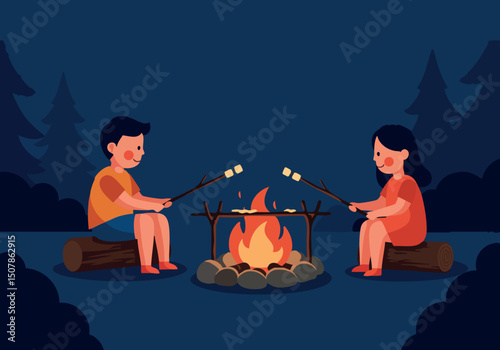 Children roasting marshmallows on campfire in forest at night with dark blue background vector illustration 