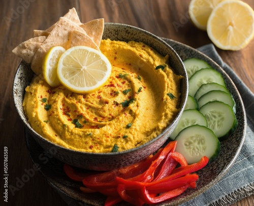 Golden-hued hummus in a rustic bowl, garnished with lemon slices, paprika, and fresh herbs, served with pita chips, cucumber, and bell pepper slices on a wooden surface