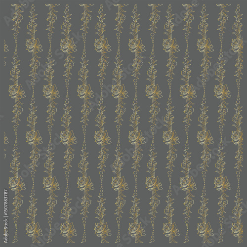Elegant floral seamless pattern with gold outlines on a dark gray background perfect for textiles
