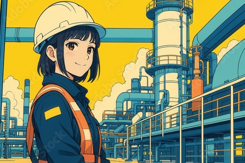 アニメ風の女性作業員と石油化学プラントのイラスト