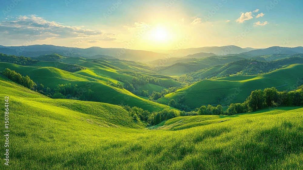 Obraz premium Lush green hills embrace a vibrant landscape at sunrise.