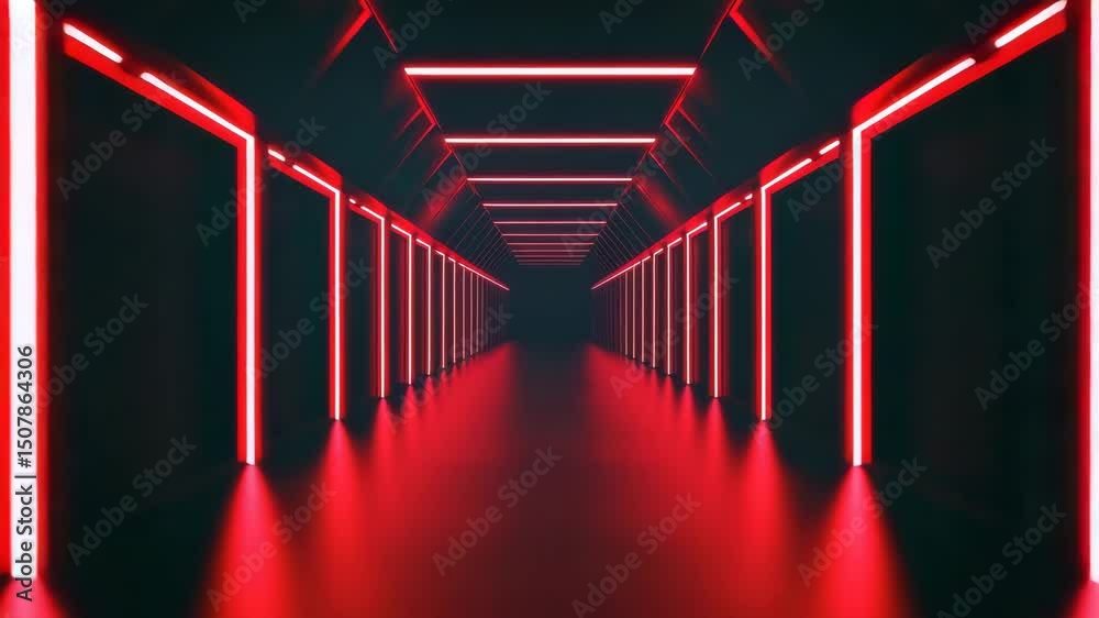 Futuristic corridor with glowing red neon lights creating symmetrical tunnel and immersive pathway, evoking modern technology and high tech atmosphere with glowing light