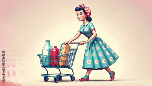 Retro Cartoon Woman in Polka Dot Dress with Shopping Cart, 3D Illustration