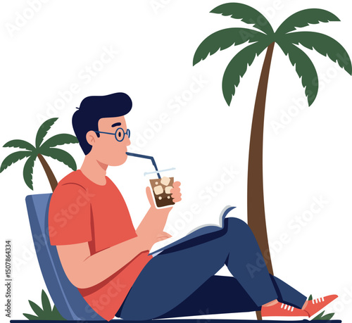 Young man reading book and drinking iced coffee under palm trees relaxing outdoors vector illustration 