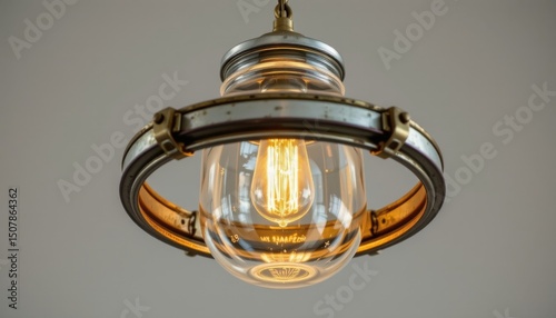 a hanging pendant made from an inverted glass jar lid with brass fittings, suspended by a thin recycled copper wire, the inner surface etched with acid for soft diffusion of led light