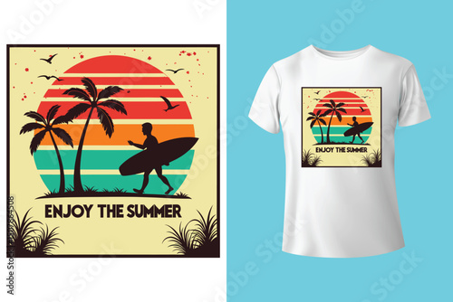 Summer Escape T-Shirt Design – Beach and Palm Tree Vector, Hot Summer Vibes – Stylish T-Shirt Graphic for Sunny Days, Beach Mood T-Shirt Art – Summer Illustration with Sun and Sea, Summer Daydream.