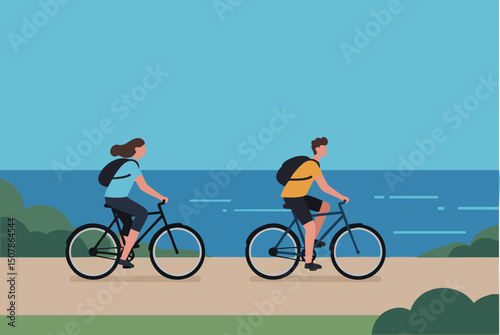 Couple Riding Bicycles by Ocean on Summer Day in Landscape Orientation Vector Illustration 