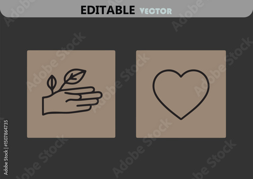 Minimalist Icons Representing Sustainability and Love Depicting a Hand Holding a Plant and a Heart Shape Set Against a Neutral Background
